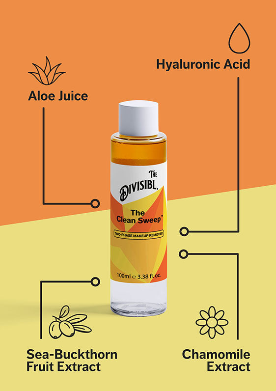 The Clean Sweep - Two-Phase Makeup Remover - List of key ingredients including Aloe Juice and Sea-Buckthorn Fruit Extract