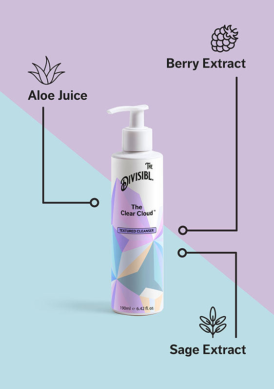 The Clear Cloud - Textured Cleanser - List of key ingredients including Aloe Juice and Sage and Berry Extract