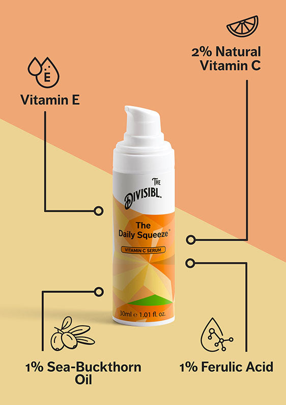 The Daily Squeeze - Vitamin C Serum - List of key ingredients including Vitamin C, Ferulic Acid and Sea-Buckthorn Oil