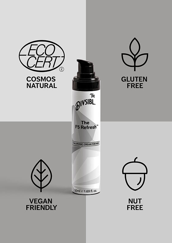 The F5 Refresh - Hyaluronic Face Cream for Men - With its certifications of Nut Free, Gluten Free and Vegan Friendly