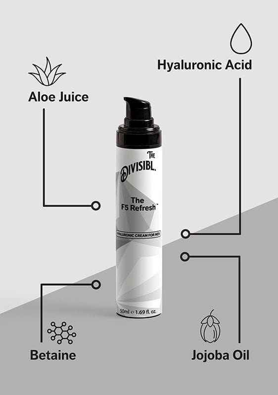 The F5 Refresh - Hyaluronic Face Cream for Men - List of key ingredients including Aloe Juice and Jojoba Oil
