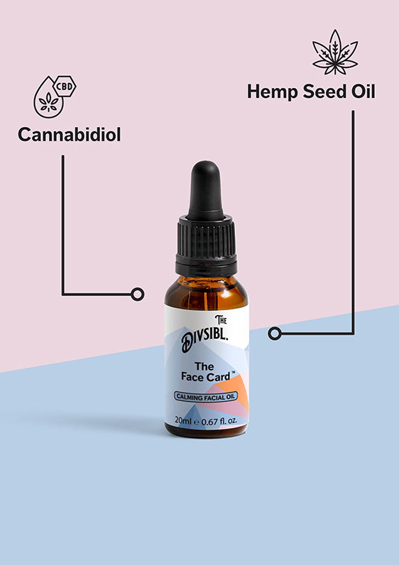 The Face Card - Calming Facial Oil - List of key ingredients including Cannabidiol and Hemp Seed Oil