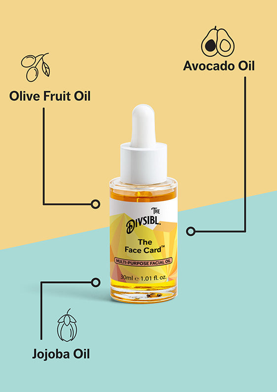 The Face Card - Multi-Purpose Facial Oil - List of key ingredients including Avocado Oil and Jojoba Oil