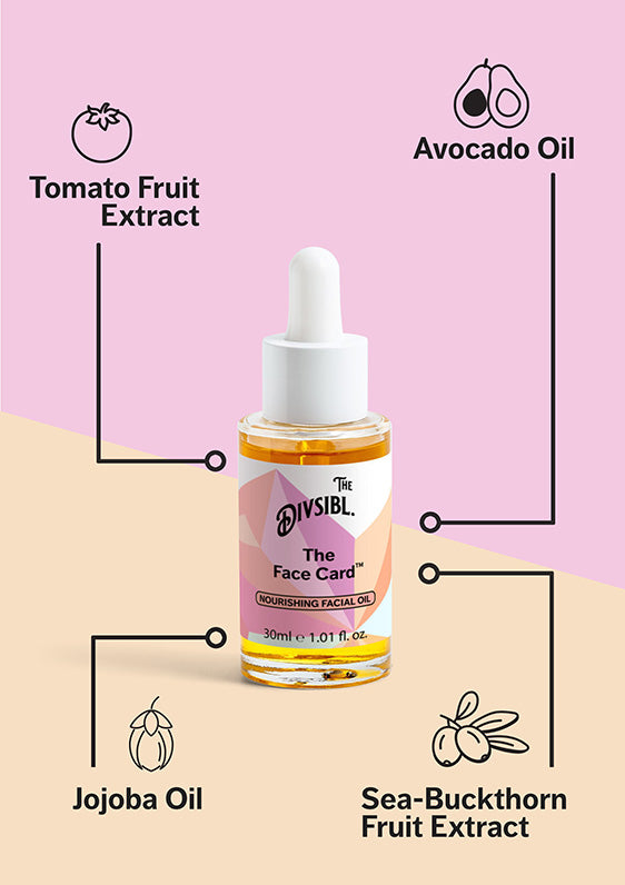 The Face Card - Nourishing Facial Oil - List of key ingredients including Avocado Oil, Sea-Buckthorn Fruit Extract and Jojoba Oil