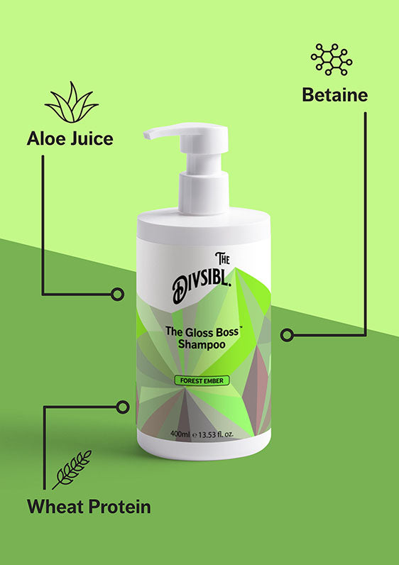 The Gloss Boss Shampoo - Forest Ember - List of key ingredients including Aloe Juice and Whet Protein