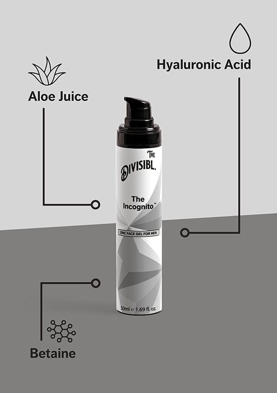 The Incognito - Zinc Cream for Men - List of key ingredients including Hyaluronic Acid and Aloe Juice
