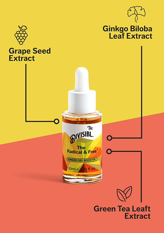 The Radical & Free - Ginkgo Gel Booster - List of key ingredients including Gingko Biloba and Grape Seed Extract