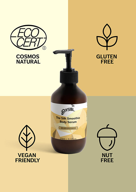 The Silk Smoothie Body Serum - Golden Spicewood - With its certifications of Nut Free, Gluten Free and Vegan Friendly