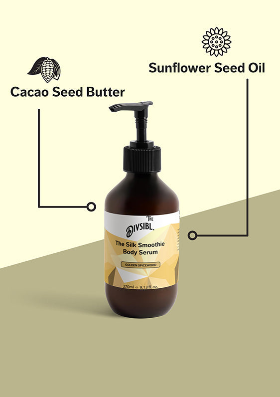 The Silk Smoothie Body Serum - Golden Spicewood - List of key ingredients including Cacao Seed Butter and Sunflower Seed Oil