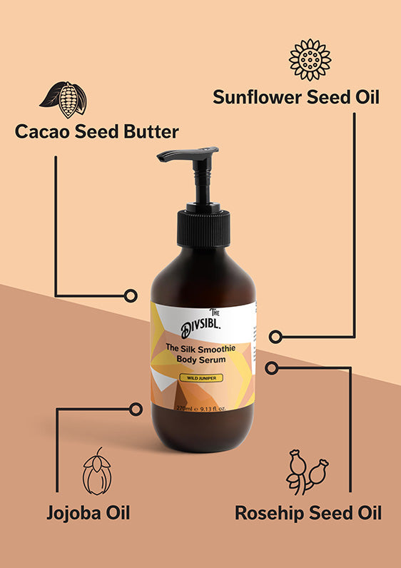 The Silk Smoothie Body Serum - Wild Juniper - List of key ingredients including Cacao Seed Butter and Jojoba Oil