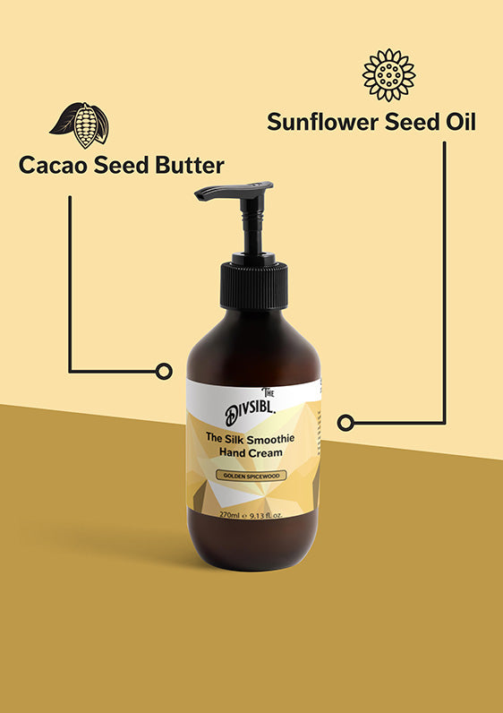 The Silk Smoothie Hand Cream - Golden Spicewood - List of key ingredients including Cacao Seed Butter and Sunflower Seed Oil