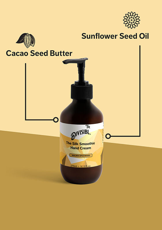 The Silk Smoothie Hand Cream - Golden Spicewood - List of key ingredients including Cacao Seed Butter and Sunflower Seed Oil