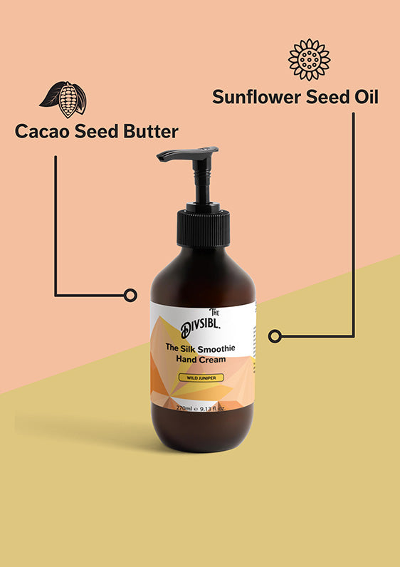 The Silk Smoothie Hand Cream - Wild Juniper - List of key ingredients including Cacao Seed Butter and Sunflower Seed Oil