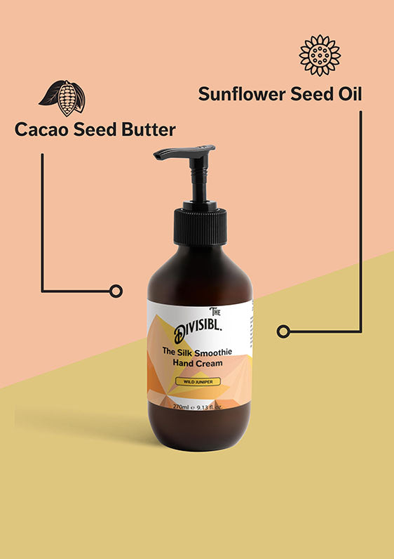 The Silk Smoothie Hand Cream - Wild Juniper - List of key ingredients including Cacao Seed Butter and Sunflower Seed Oil