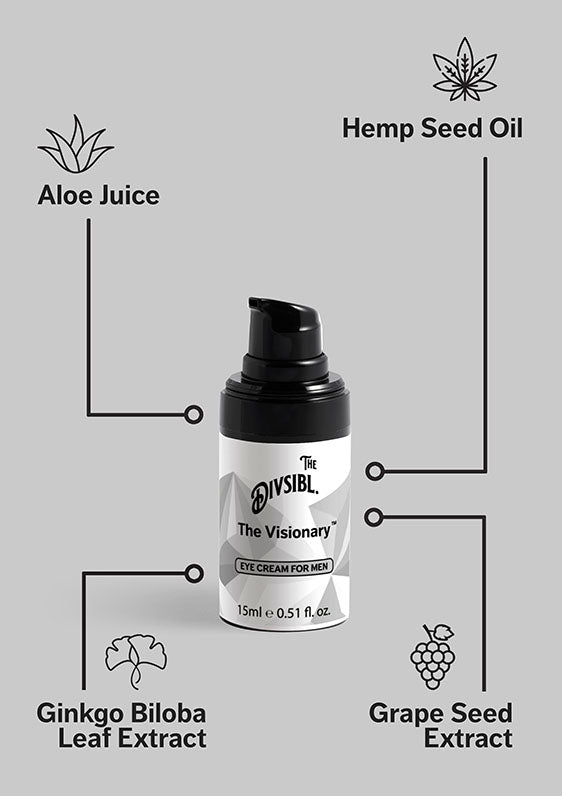 The Visionary - Eye Cream For Men - List of key ingredients including Gingko Biloba, Aloe Juice and Grape Seed Extract