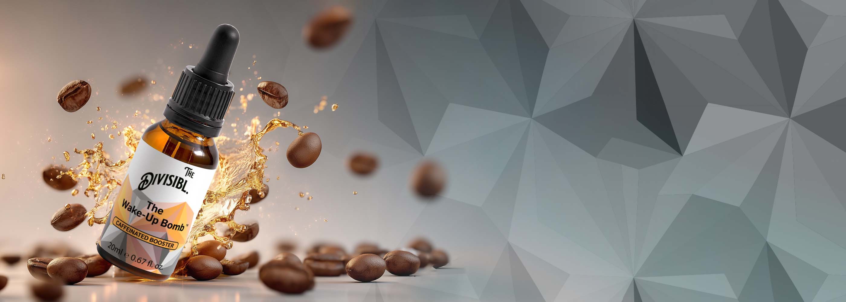 Bottle of The Wake-Up Bomb with coffee beans on a geometric background