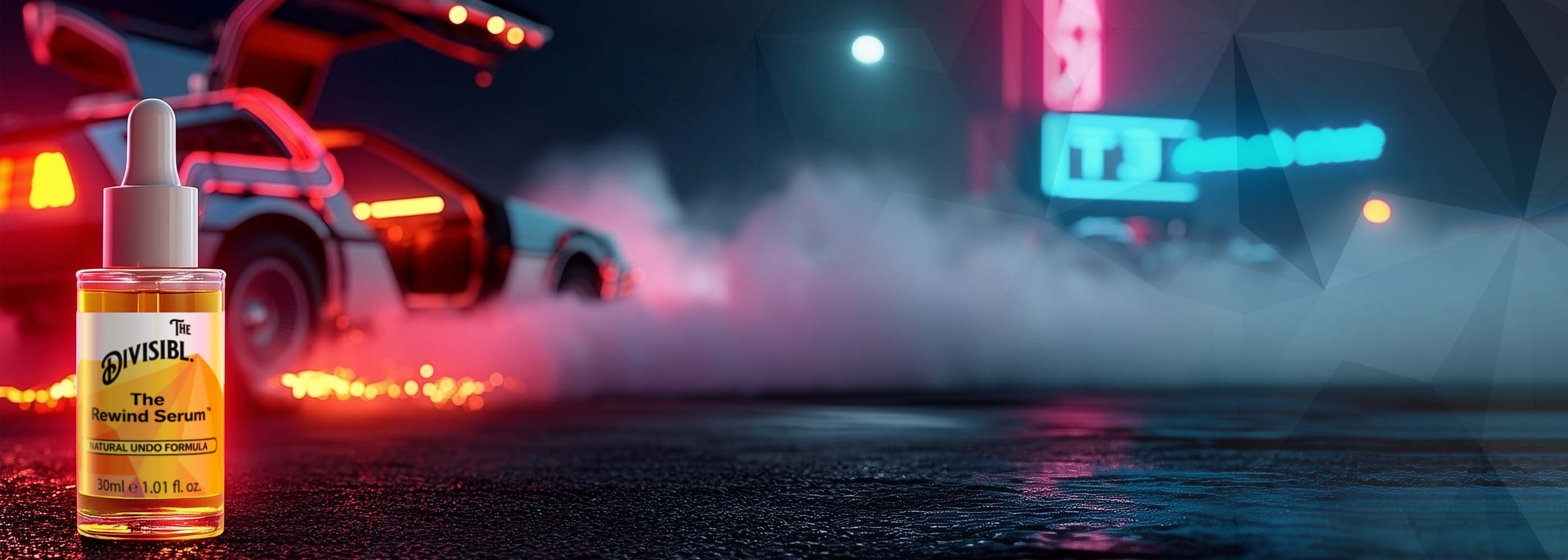 Bottle of Rewind Serum Natural Undo Formula with a neon sign and car in the background